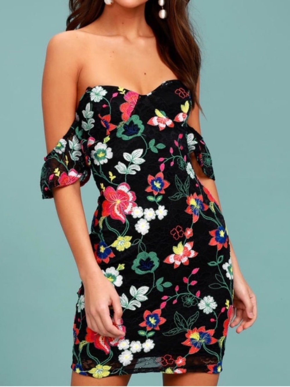 Lulus Black Colorful Floral Embroidered Lace Mini Dress Size Medium